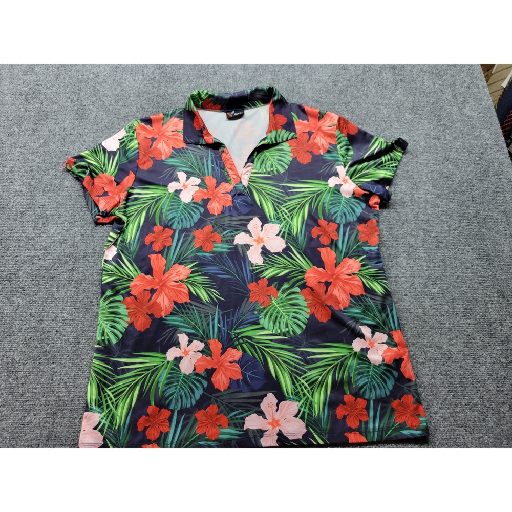 Yatta Golf Womens Tropical Floral Performance Polo Shirt Navy Blue Hibiscus L‎